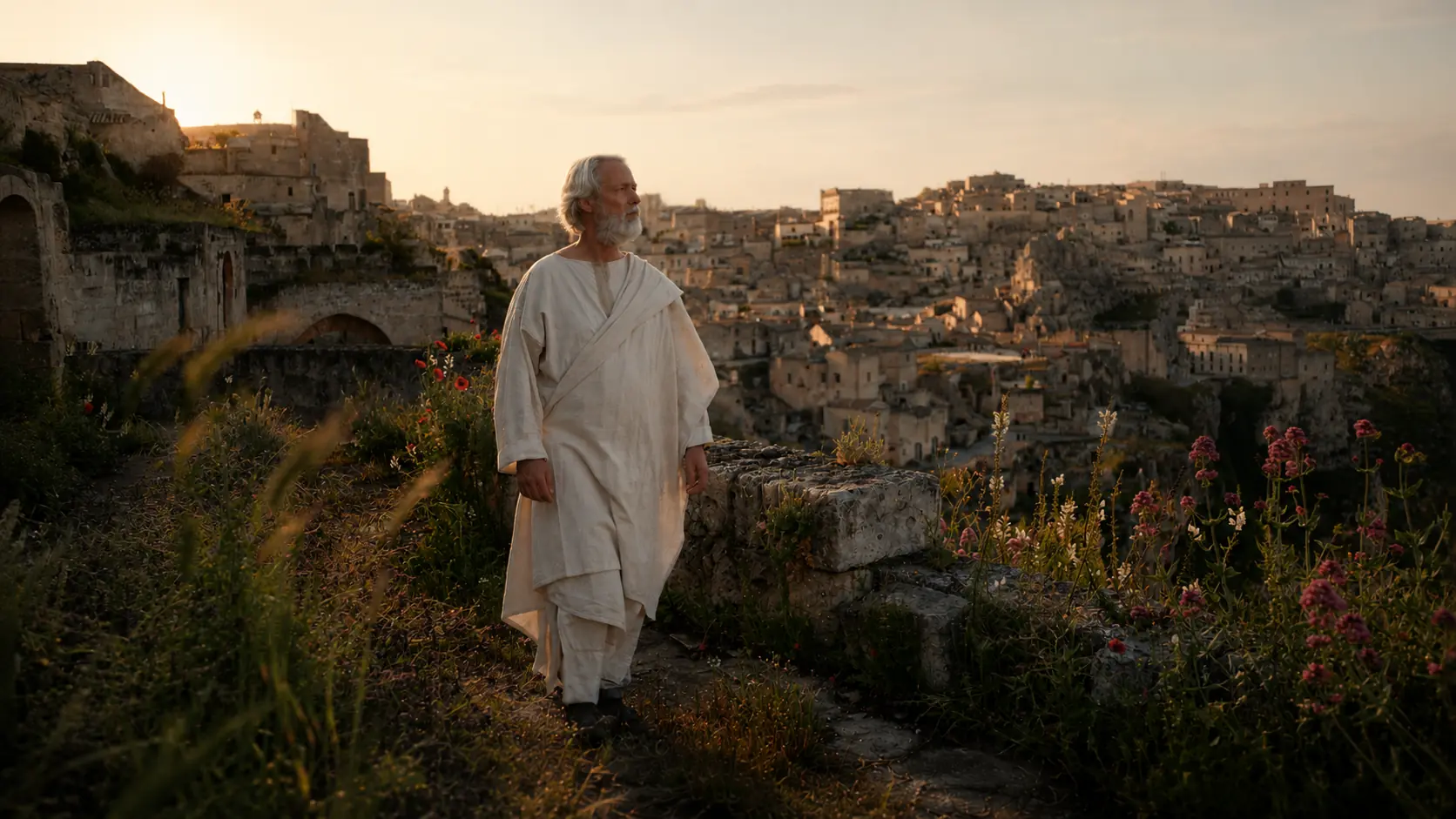 The father stands on a hilltop, watching his son disappear into the distance